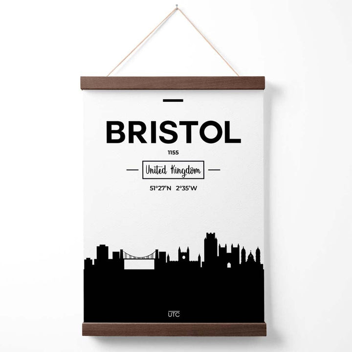 Plakat med bybilde av Bristol (svart-hvitt) med oppheng