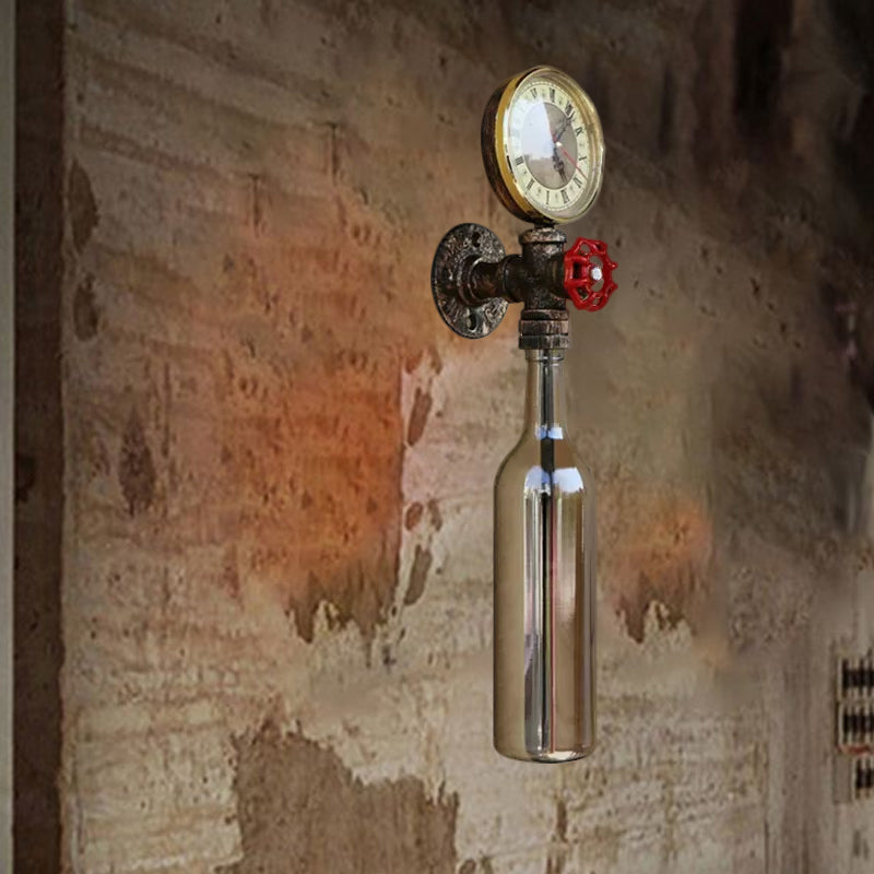 Brun/blå flaskevegglampe i vintage-stil med 1 lyspære i glass, veggbelysning for stue, trykkmåler og ventil