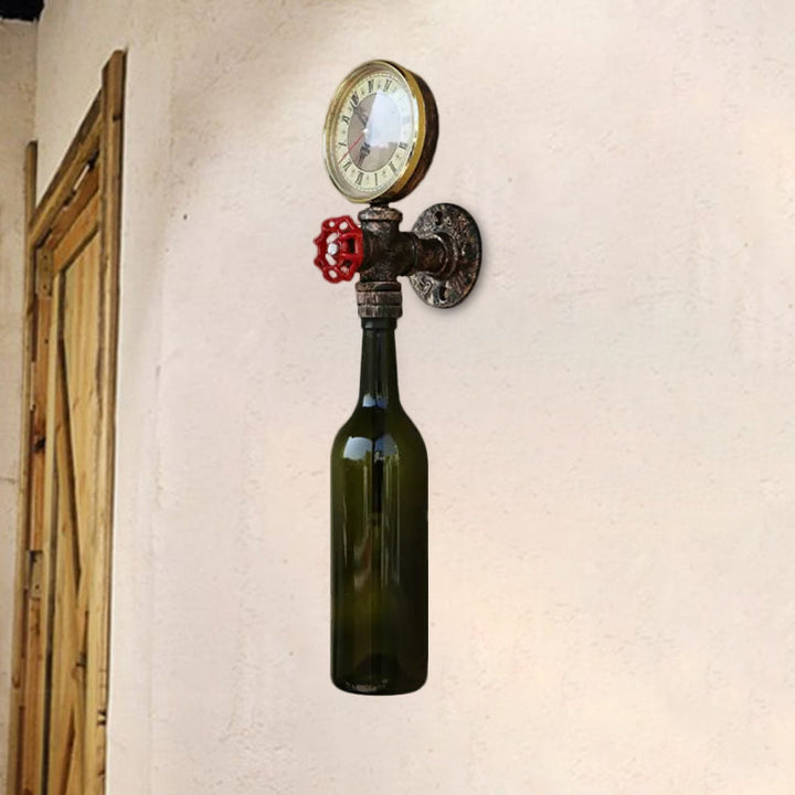 Brun/blå flaskevegglampe i vintage-stil med 1 lyspære i glass, veggbelysning for stue, trykkmåler og ventil