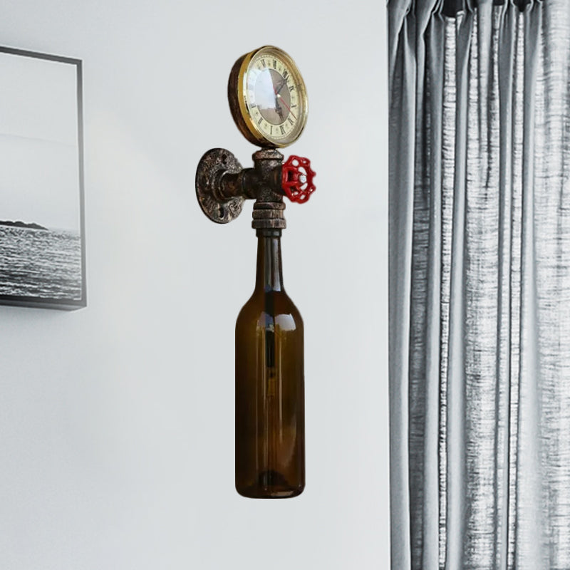 Brun/blå flaskevegglampe i vintage-stil med 1 lyspære i glass, veggbelysning for stue, trykkmåler og ventil