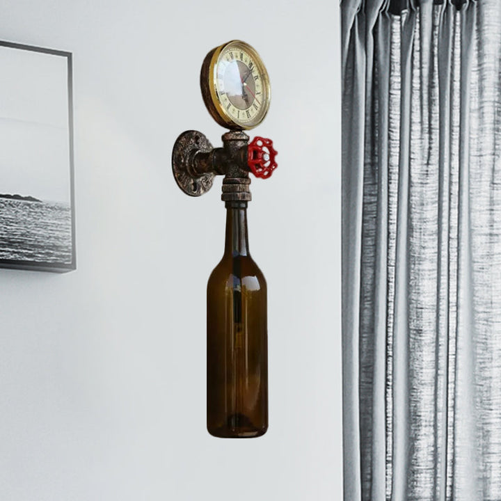 Brun/blå flaskevegglampe i vintage-stil med 1 lyspære i glass, veggbelysning for stue, trykkmåler og ventil