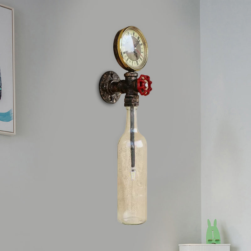 Brun/blå flaskevegglampe i vintage-stil med 1 lyspære i glass, veggbelysning for stue, trykkmåler og ventil