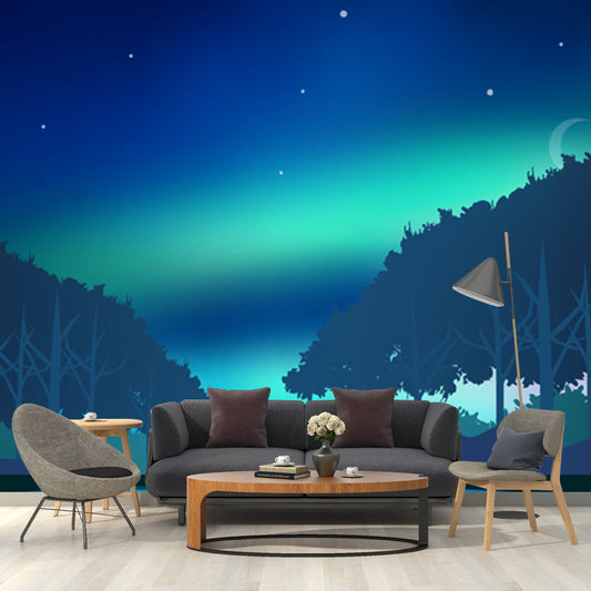 Norvo | Aqua Aurora Veggmaleri Skog Stjernespekket Himmel Moderne Vanntett Veggdekorasjon for Stue