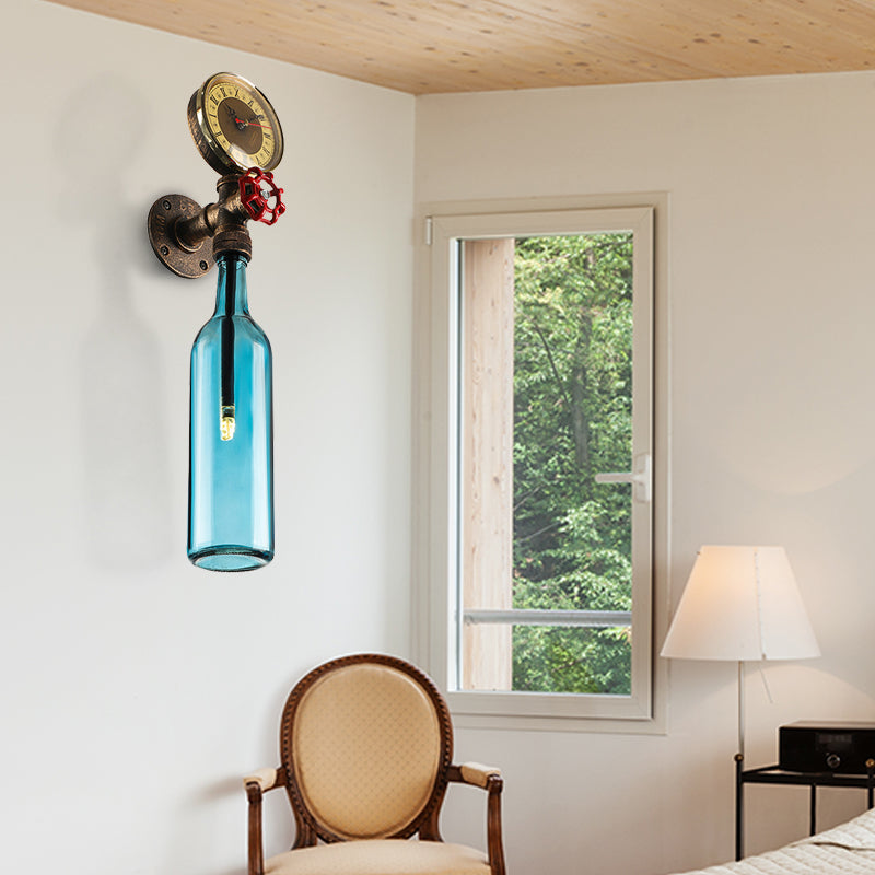 Brun/blå flaskevegglampe i vintage-stil med 1 lyspære i glass, veggbelysning for stue, trykkmåler og ventil