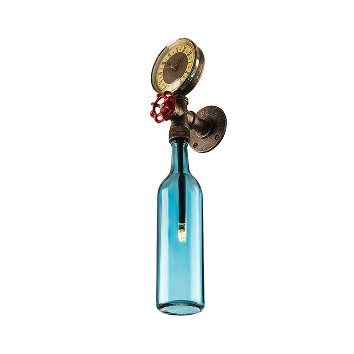 Brun/blå flaskevegglampe i vintage-stil med 1 lyspære i glass, veggbelysning for stue, trykkmåler og ventil