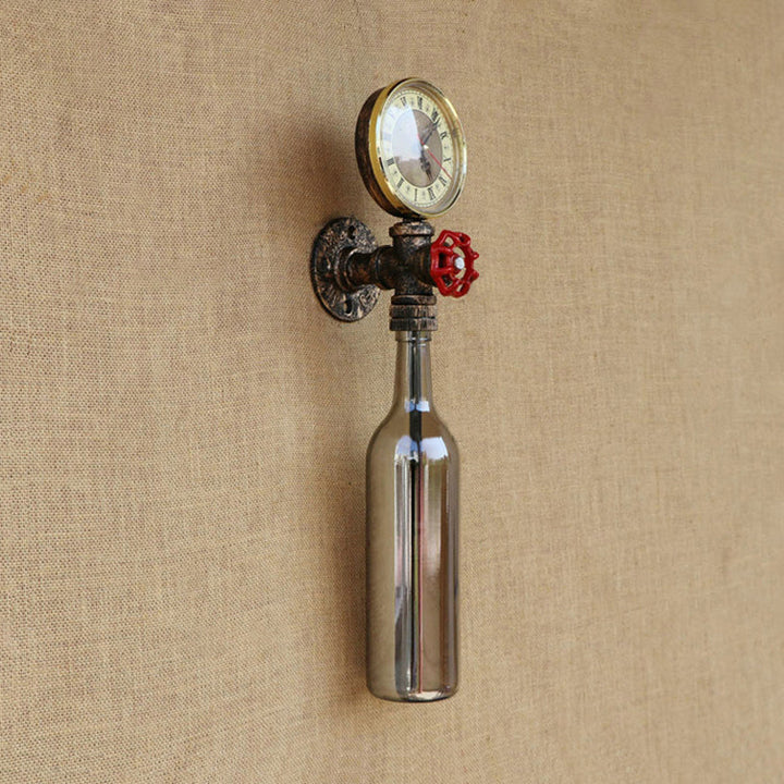 Brun/blå flaskevegglampe i vintage-stil med 1 lyspære i glass, veggbelysning for stue, trykkmåler og ventil