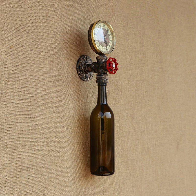 Brun/blå flaskevegglampe i vintage-stil med 1 lyspære i glass, veggbelysning for stue, trykkmåler og ventil