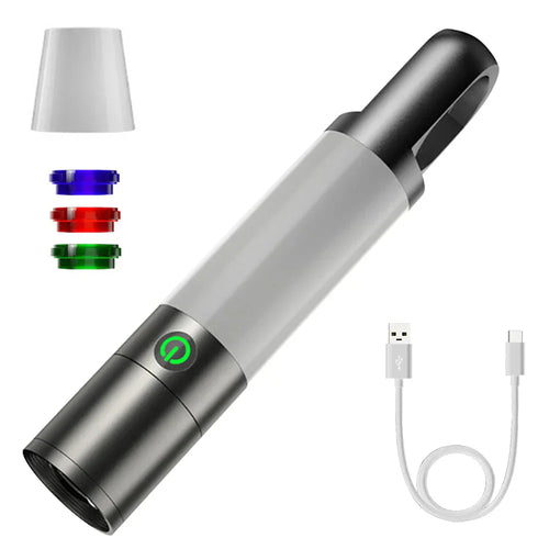 Skanto | LED lommelykt med flerfargede filtre – Oppladbar USB-C lampe med camping- og nødlys funksjon