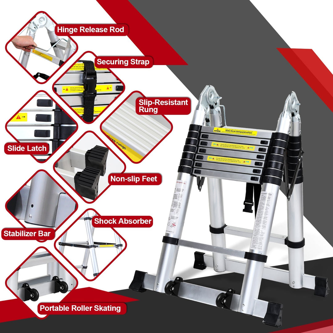 5M Aluminium Teleskopstiger Foldestiger med Hjul og Triangel Stabiliserer | Skanto