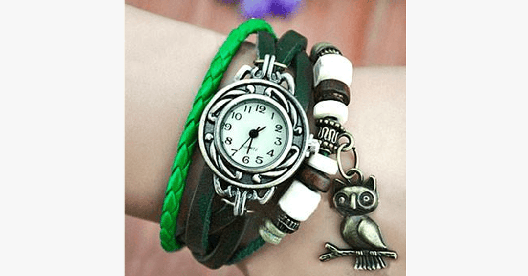 Skanto | Ugle Vintage Wrap Klokke med Boho-Chic Stil Armbånd - Vevd mansjett-stil armbåndsur for et funky utseende!