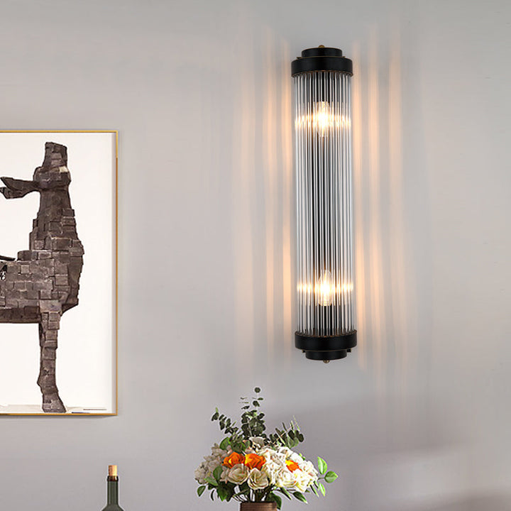 Pipe Veggmontert Lampe Moderne Stil Klar Krystall og Metall 2 Lys Sconse Fixture i Svart for Nattbord | Skanto