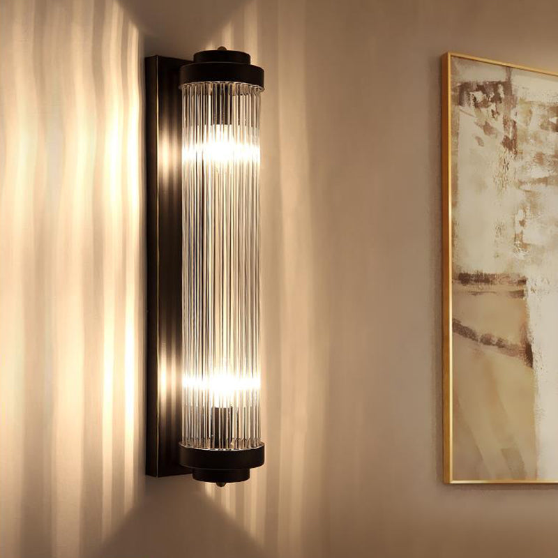 Pipe Veggmontert Lampe Moderne Stil Klar Krystall og Metall 2 Lys Sconse Fixture i Svart for Nattbord | Skanto