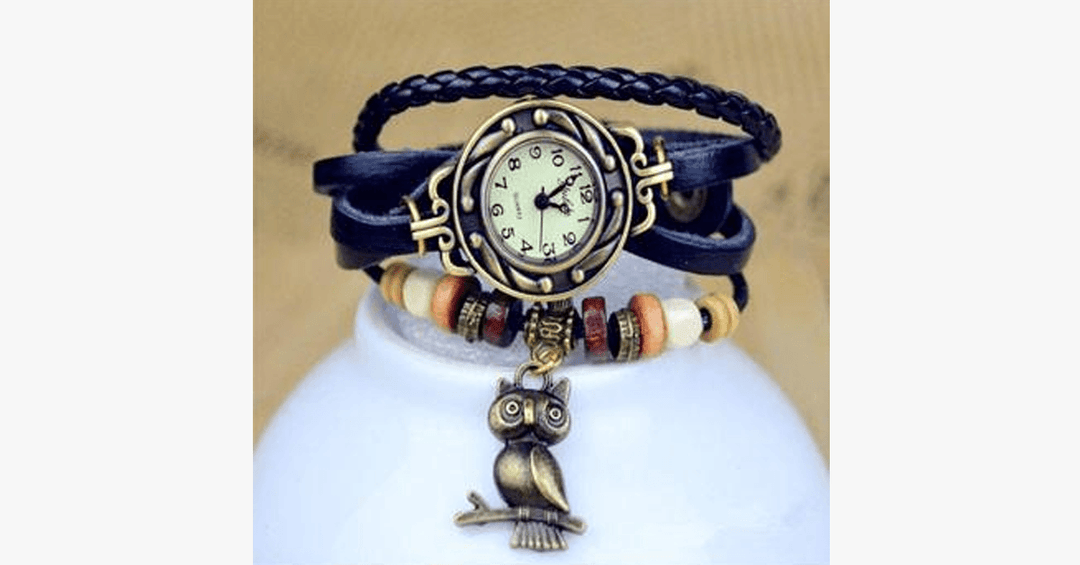 Skanto | Ugle Vintage Wrap Klokke med Boho-Chic Stil Armbånd - Vevd mansjett-stil armbåndsur for et funky utseende!