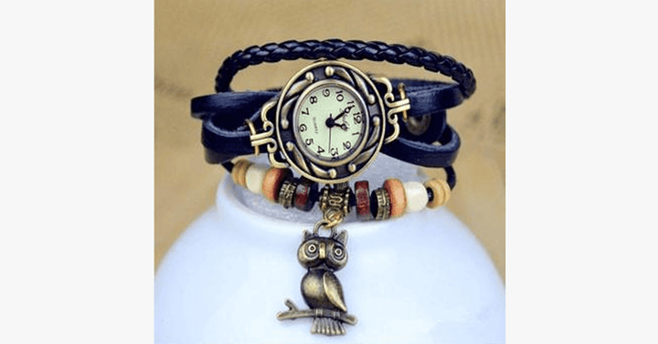Skanto | Ugle Vintage Wrap Klokke med Boho-Chic Stil Armbånd - Vevd mansjett-stil armbåndsur for et funky utseende!