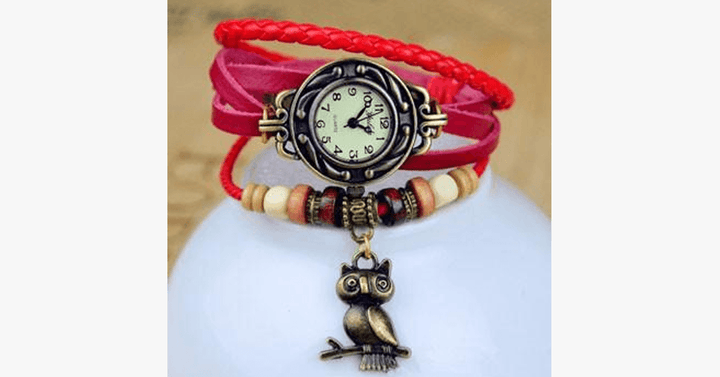Skanto | Ugle Vintage Wrap Klokke med Boho-Chic Stil Armbånd - Vevd mansjett-stil armbåndsur for et funky utseende!