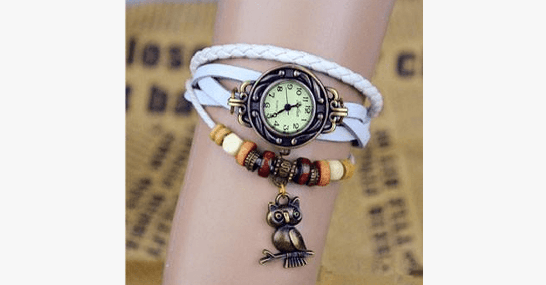 Skanto | Ugle Vintage Wrap Klokke med Boho-Chic Stil Armbånd - Vevd mansjett-stil armbåndsur for et funky utseende!