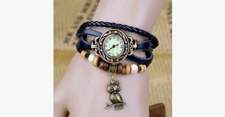 Skanto | Ugle Vintage Wrap Klokke med Boho-Chic Stil Armbånd - Vevd mansjett-stil armbåndsur for et funky utseende!
