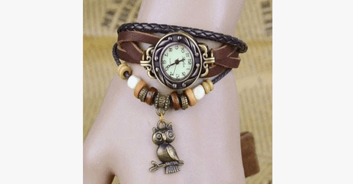 Skanto | Ugle Vintage Wrap Klokke med Boho-Chic Stil Armbånd - Vevd mansjett-stil armbåndsur for et funky utseende!