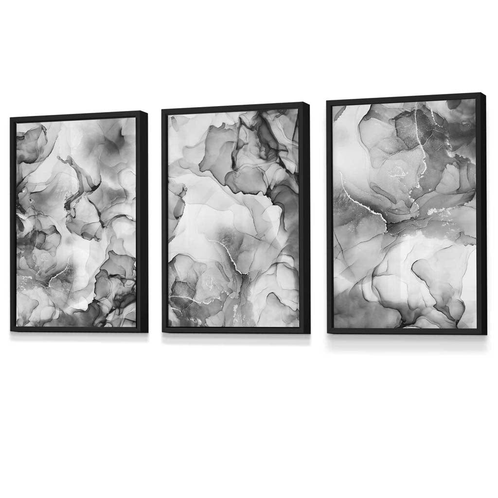 Abstrakt blomstermønster i grått, sett med 3 veggkunstverk | Innrammet