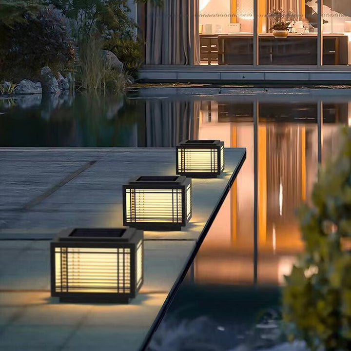Tradisjonelt kinesisk kvadrat aluminium glass 1-lampe post hode lys for hage | Skanto