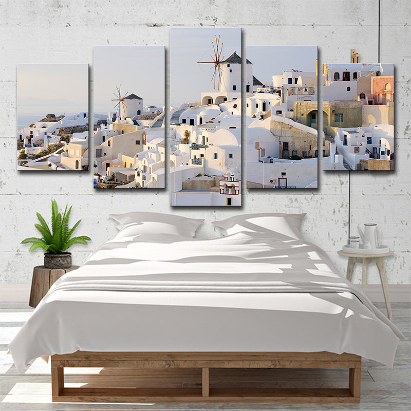 Skanto | Hvit Santorini Hus Veggkunst Multi-Delt Globalt Inspirert Soverom Lerretsutskrift