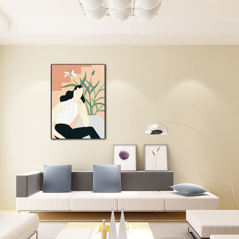 Norvo | Moderne jenteportr paints lyse-farge soveromsveggkunst, teksturert overflate