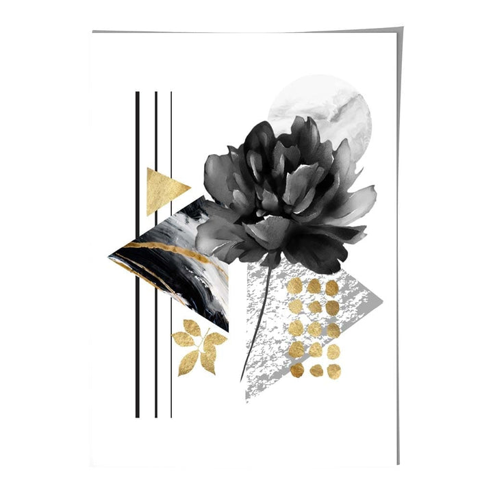 Abstrakt blomstermotiv i svart og gull med geometriske former nr. 1 – Veggkunst