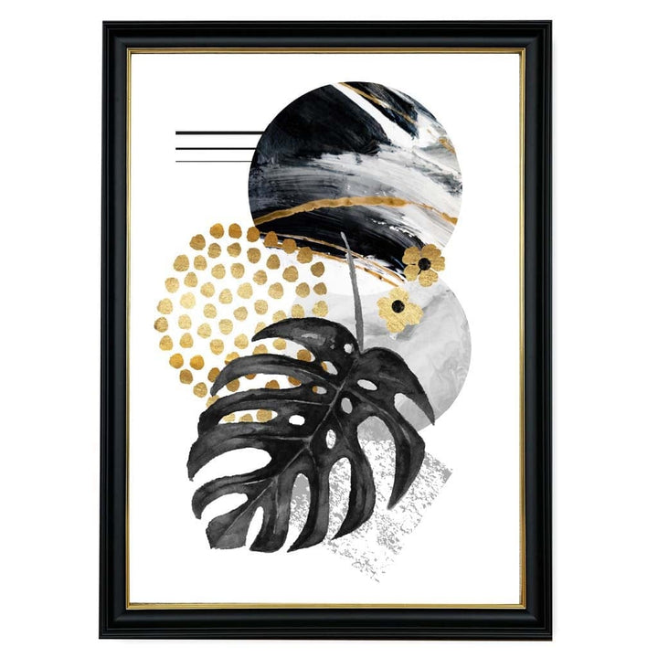 Abstrakt veggmaleri med svarte og gullfargede blader og geometriske former