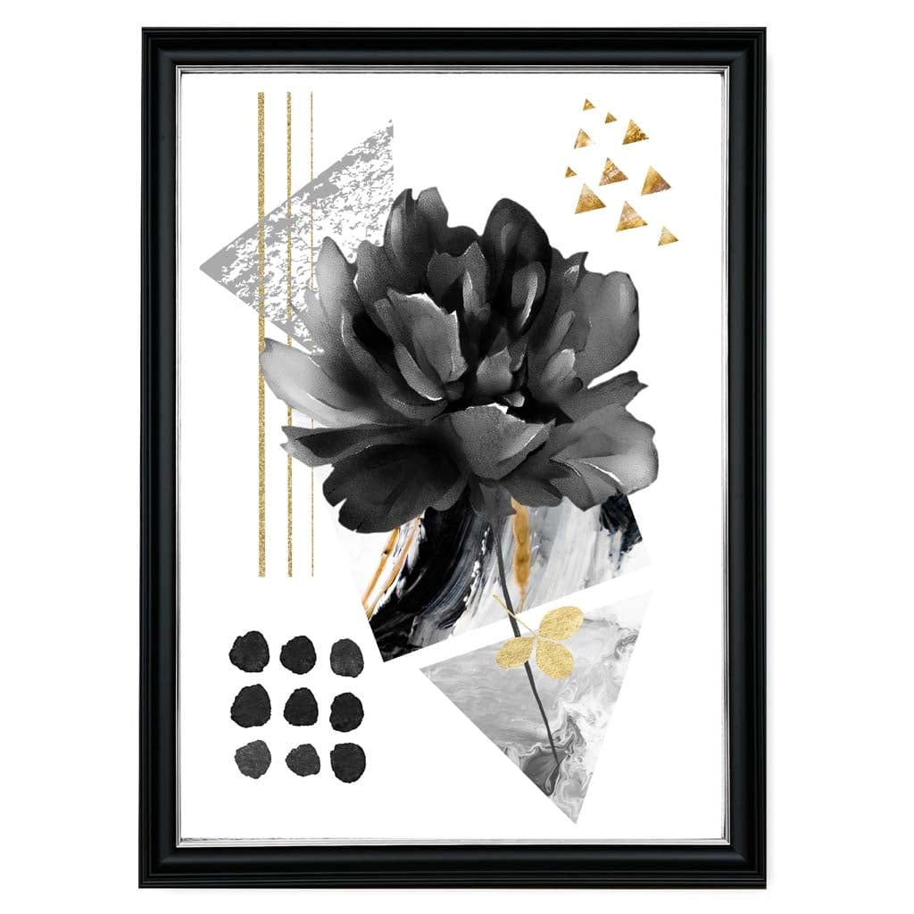 Abstrakt blomstermotiv i svart og gull med geometriske former nr. 2 – veggkunst