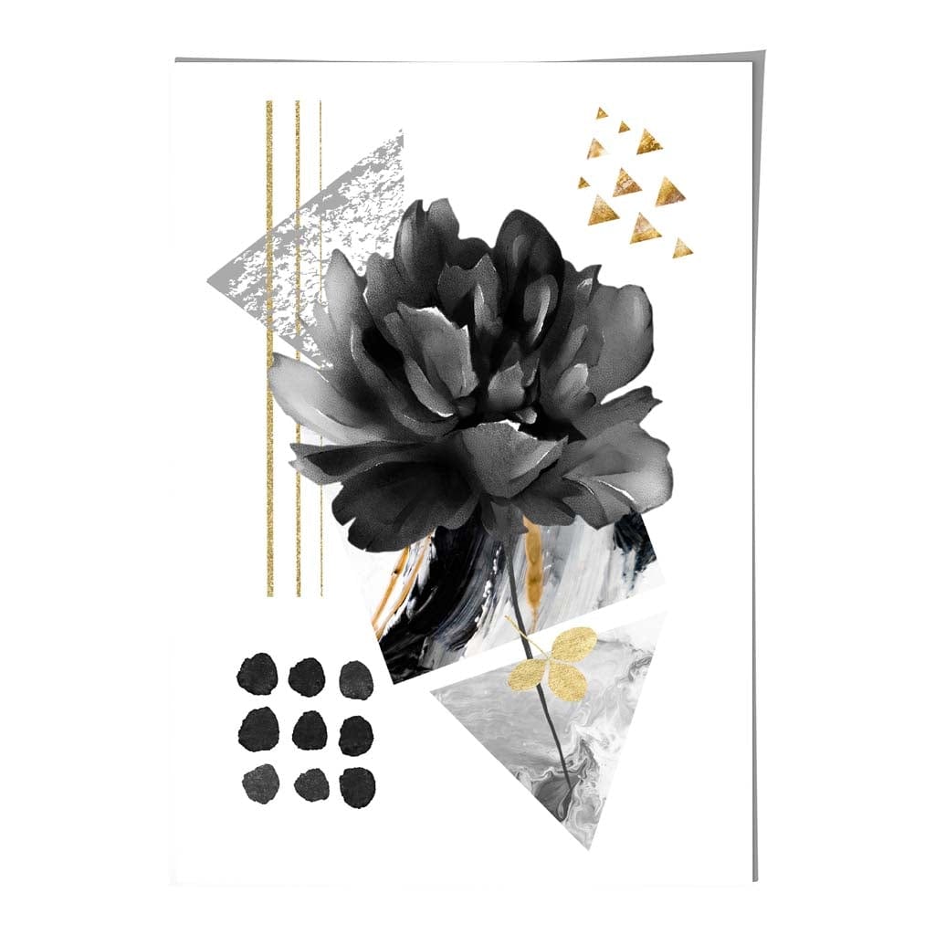 Abstrakt blomstermotiv i svart og gull med geometriske former nr. 2 – veggkunst