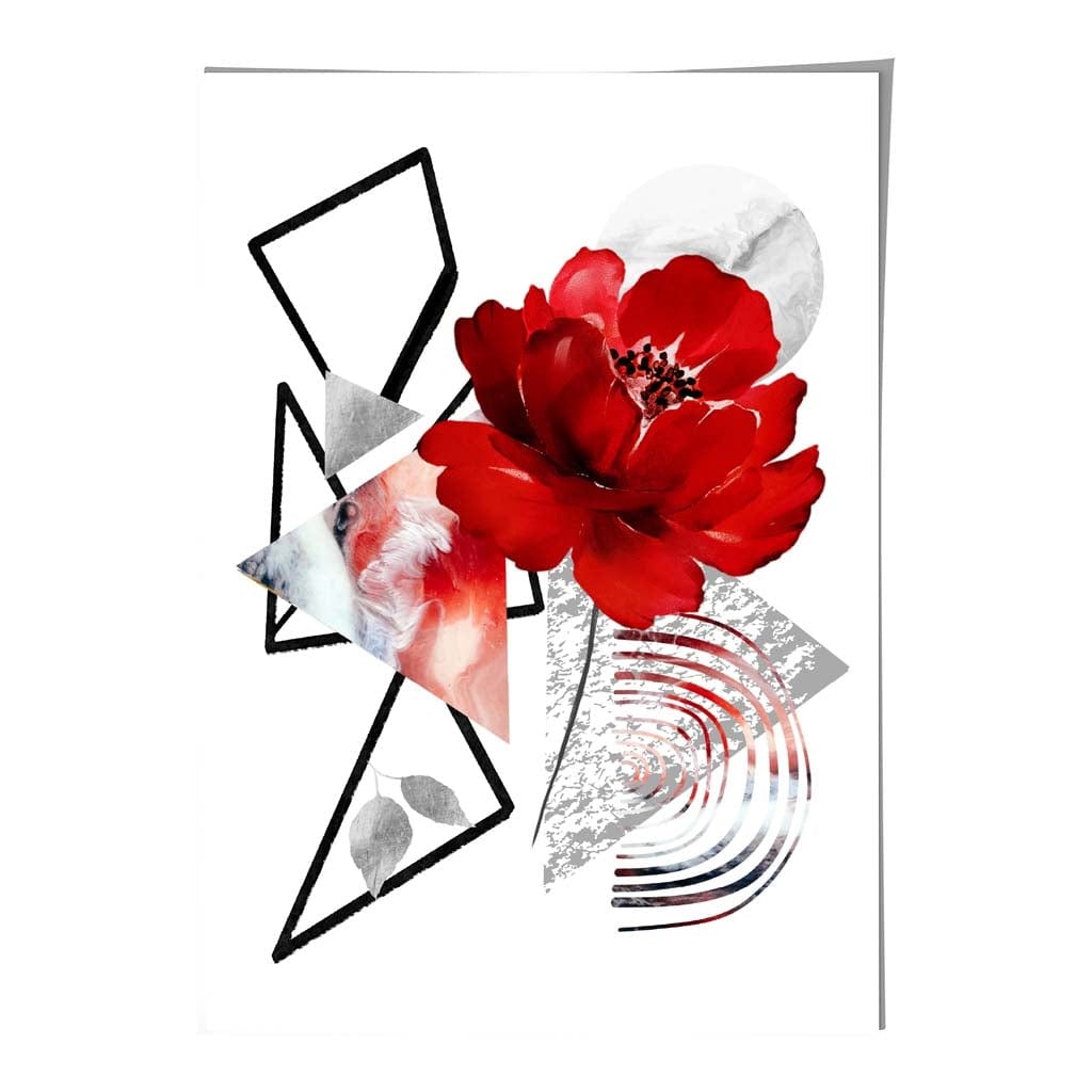 Abstrakt blomst i svart og rødt med geometriske former nr. 1 – veggkunst