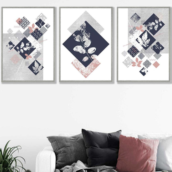 BOTANISK Sett med 3 abstrakte geometriske blomstertrykk i marineblått og rosa