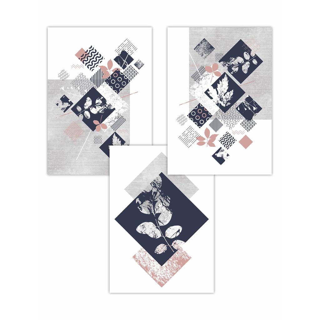 BOTANISK Sett med 3 abstrakte geometriske blomstertrykk i marineblått og rosa