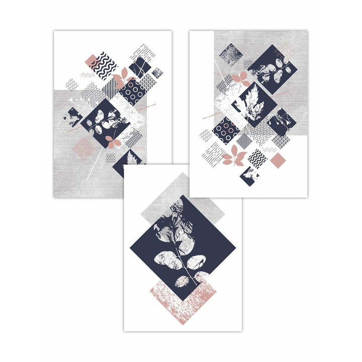 BOTANISK Sett med 3 abstrakte geometriske blomstertrykk i marineblått og rosa