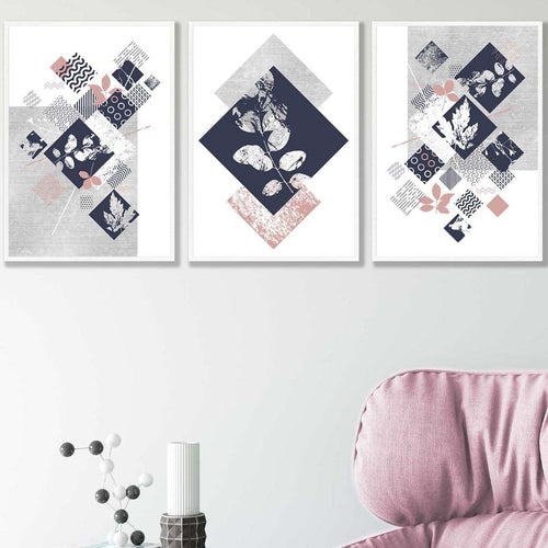 BOTANISK Sett med 3 abstrakte geometriske blomstertrykk i marineblått og rosa