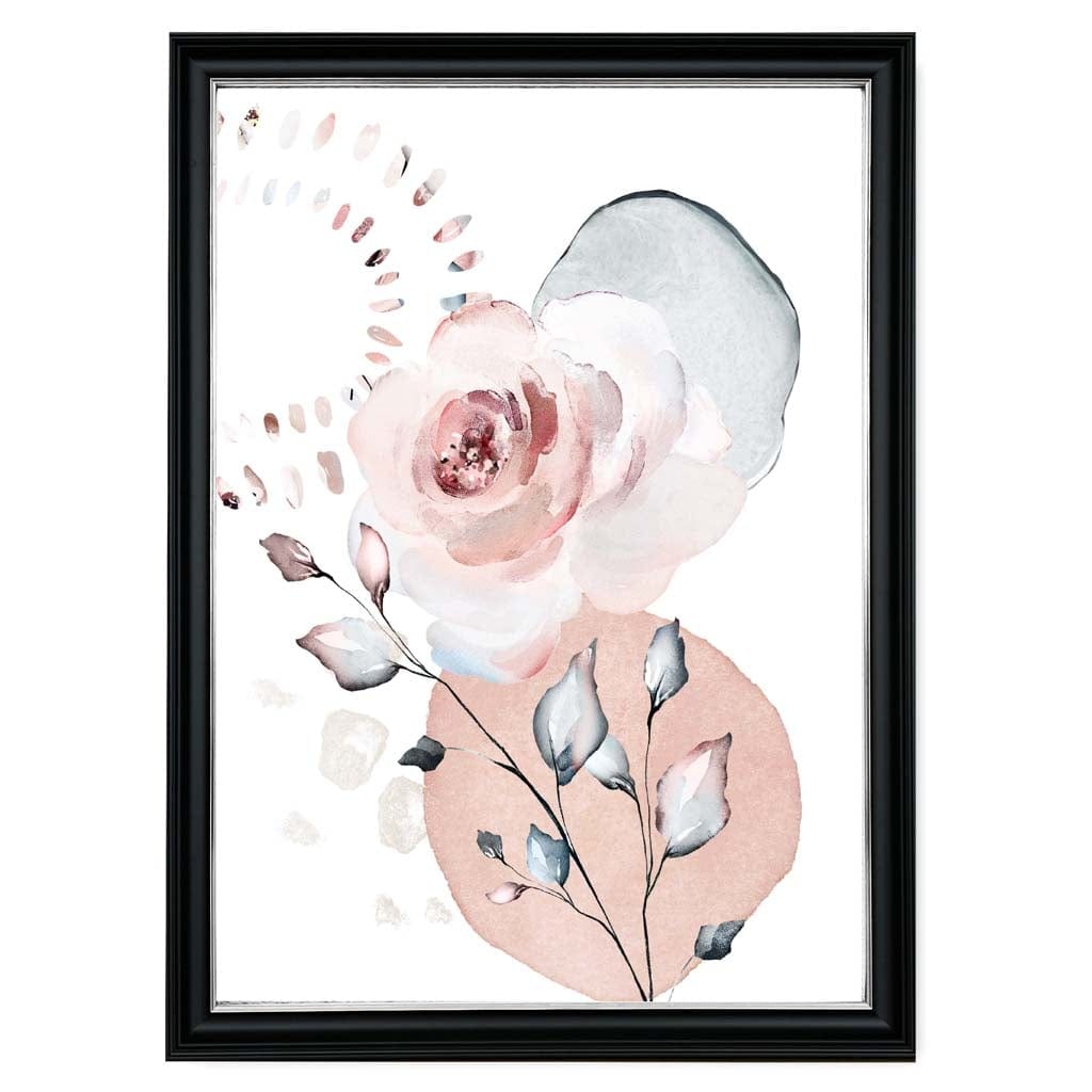 Abstrakt blomstermønster med roser og geometriske former i myk rosa og grått nr. 1