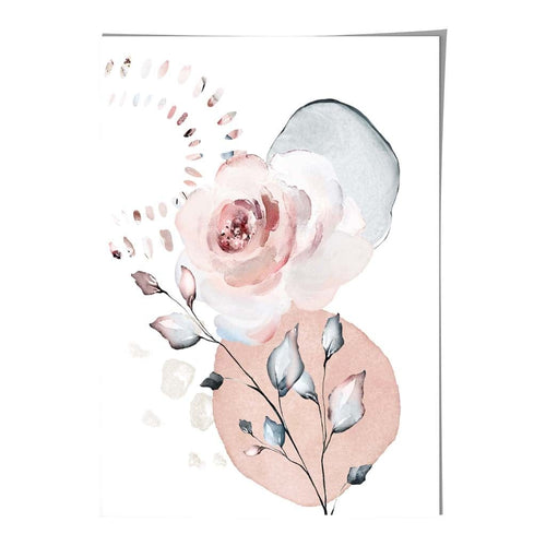 Abstrakt blomstermønster med roser og geometriske former i myk rosa og grått nr. 1