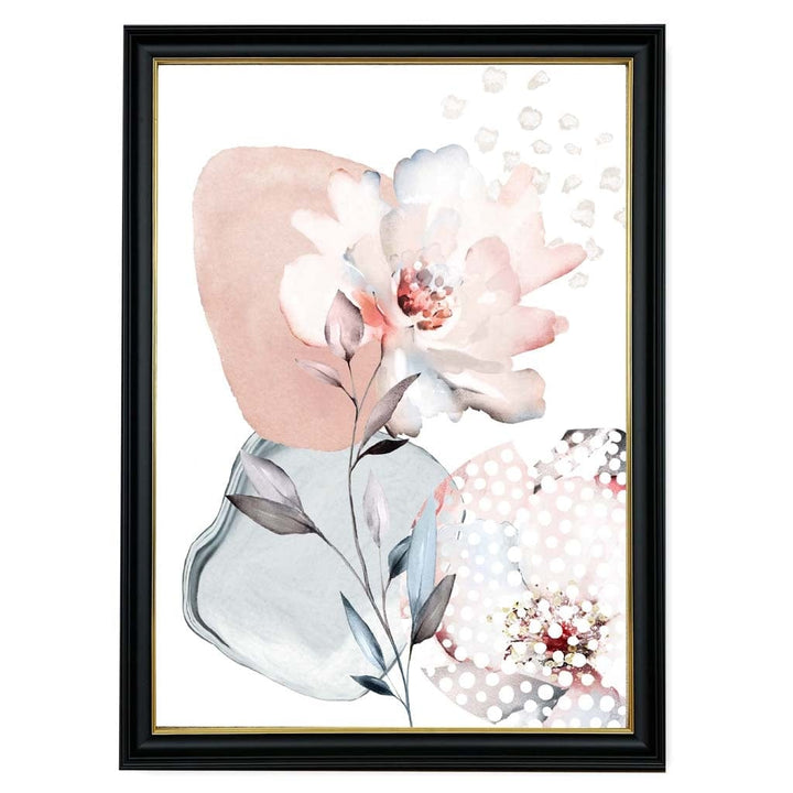 Abstrakt blomstermønster i rosa og grått med roser og geometriske former nr. 3