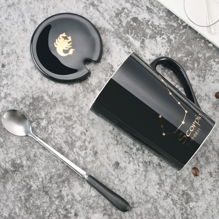 Skanto | 12 Zodiac Black Ceramic Mug with Lid and Spoon