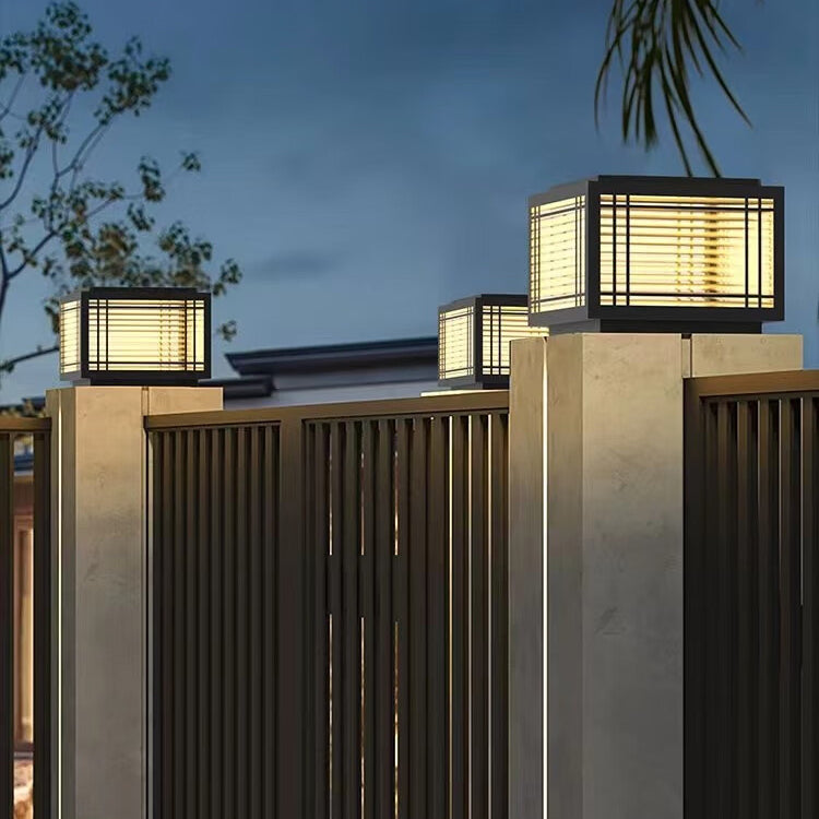 Tradisjonelt kinesisk kvadrat aluminium glass 1-lampe post hode lys for hage | Skanto