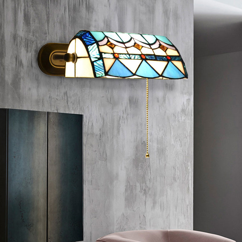 Middelhavsbankerlampe med trekkjede, farget glass 1 lys vegglampe i blå | Skanto