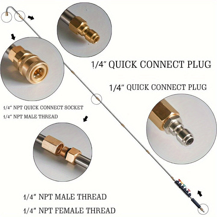 Skanto | 10 stk Høyttrykksvasker Forlengelsesstang Kit – 4000 PSI, 1/4 Hurtigkobling, 6 Dysevedlegg, Takrennerengjøringsbøyd stang 30°, 90°, 120° – Ideell for takdrenering, utvendige vegger og tunge rengjøringsoppgaver