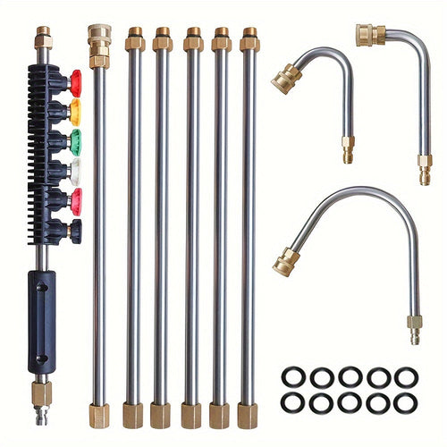 Skanto | 10 stk Høyttrykksvasker Forlengelsesstang Kit – 4000 PSI, 1/4 Hurtigkobling, 6 Dysevedlegg, Takrennerengjøringsbøyd stang 30°, 90°, 120° – Ideell for takdrenering, utvendige vegger og tunge rengjøringsoppgaver