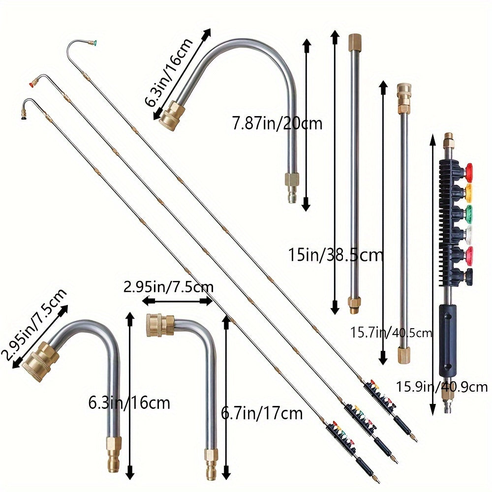 Skanto | 10 stk Høyttrykksvasker Forlengelsesstang Kit – 4000 PSI, 1/4 Hurtigkobling, 6 Dysevedlegg, Takrennerengjøringsbøyd stang 30°, 90°, 120° – Ideell for takdrenering, utvendige vegger og tunge rengjøringsoppgaver