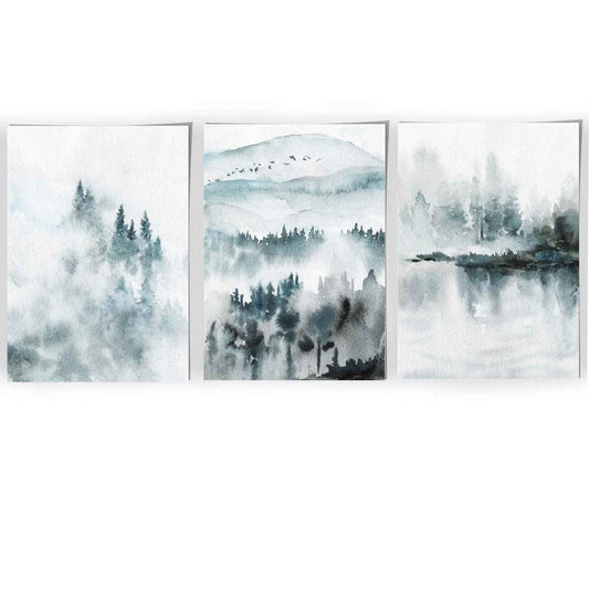 Norvo | Teal Blue Abstrakt Skog Innsjø Sett med 3 Veggkunst Trykk