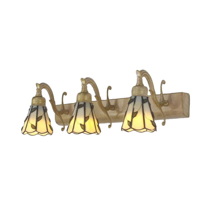 3 Heads Leaf Vanity Light Rustic Loft Stained Glass Makeup Mirror Light with Linear Backplate in Copper/Antikk Messing/Gull | Skanto