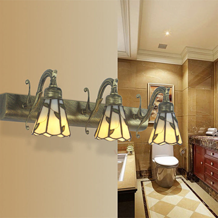 3 Heads Leaf Vanity Light Rustic Loft Stained Glass Makeup Mirror Light with Linear Backplate in Copper/Antikk Messing/Gull | Skanto