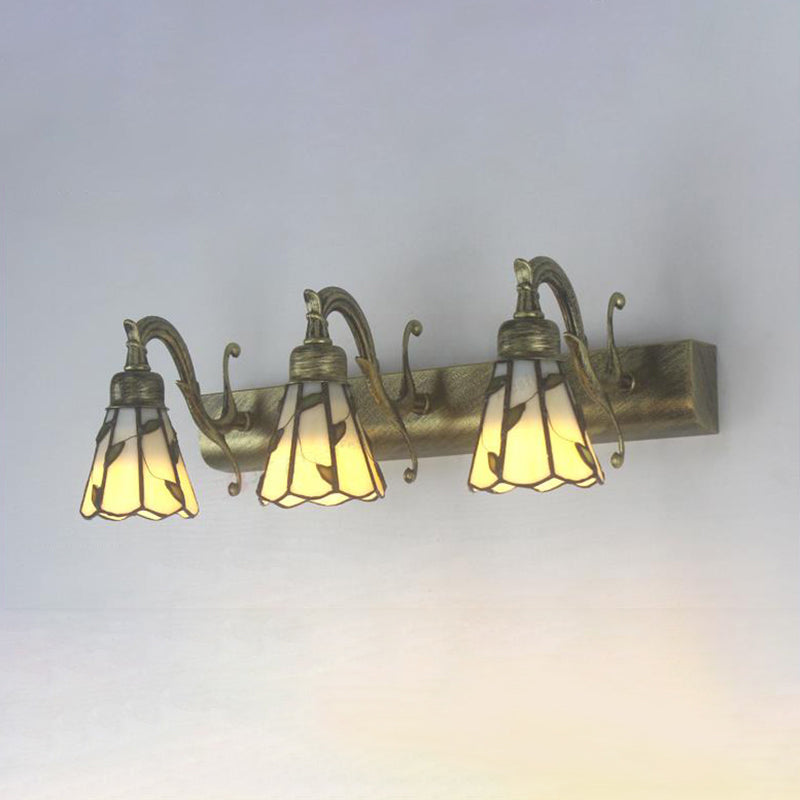 3 Heads Leaf Vanity Light Rustic Loft Stained Glass Makeup Mirror Light with Linear Backplate in Copper/Antikk Messing/Gull | Skanto