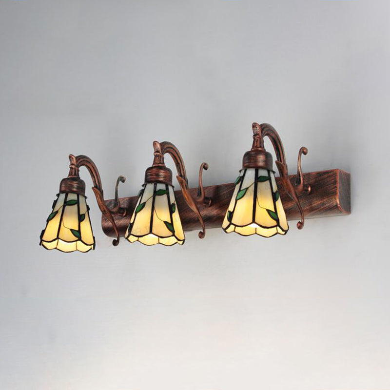 3 Heads Leaf Vanity Light Rustic Loft Stained Glass Makeup Mirror Light with Linear Backplate in Copper/Antikk Messing/Gull | Skanto