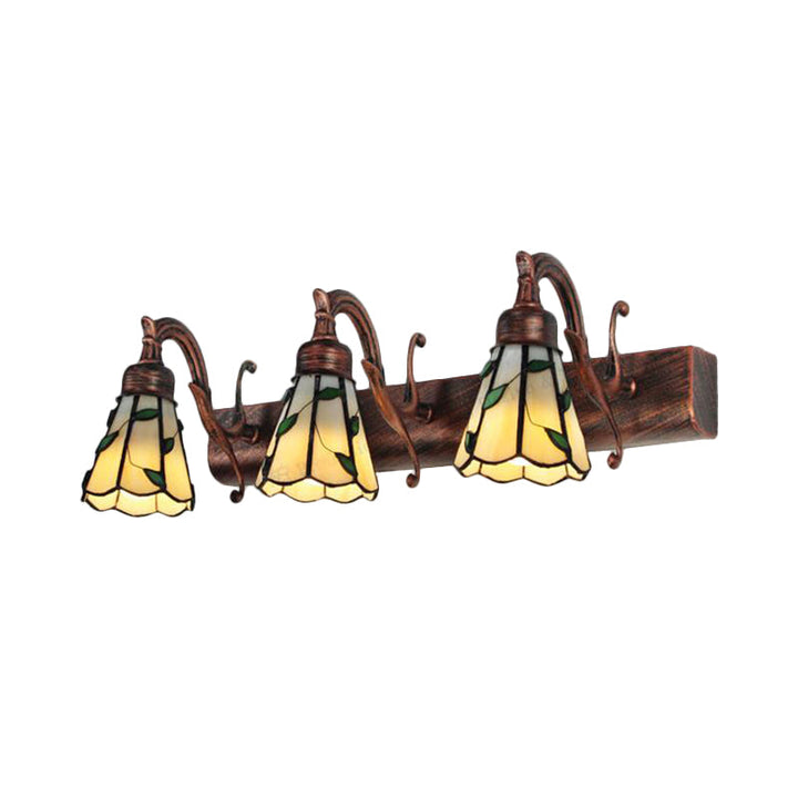 3 Heads Leaf Vanity Light Rustic Loft Stained Glass Makeup Mirror Light with Linear Backplate in Copper/Antikk Messing/Gull | Skanto